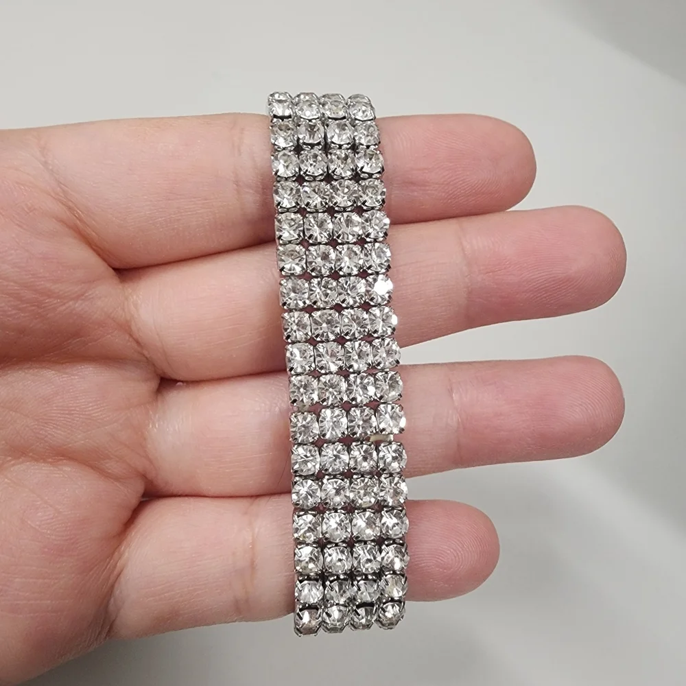 Sparkling 4-Row Rhinestone Stretch Bracelet Silver-Tone Prom Bridal Formal